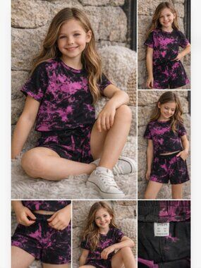 Shein Girls Tie Dye Lounge Set Black Pink Crop Top Shorts Size 9Y